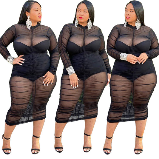 Plus Size Clothing Dresses for Women Long Sleeve Dress with Bodysuit Lining Sexy Mesh Bodycon Dress Wholesale Dropshipping