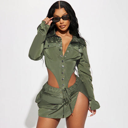 Women's Glossy Woven Shirt Collar Single-breasted Long Sleeve Jumpsuit Two-piece Overskirt Suit