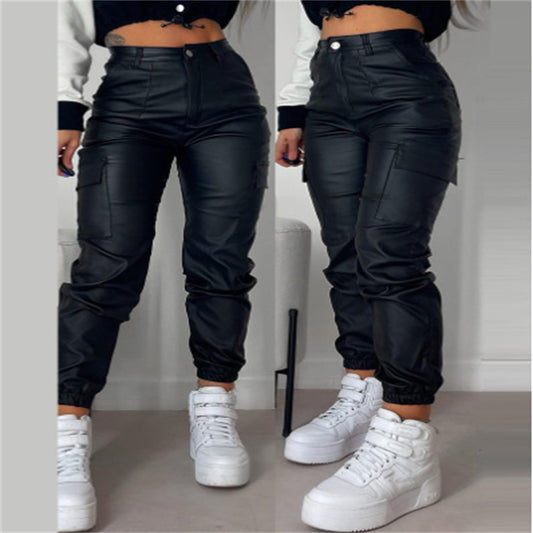 Zipper Pleated PU Casual Patch Pocket Skinny Pencil Trousers
