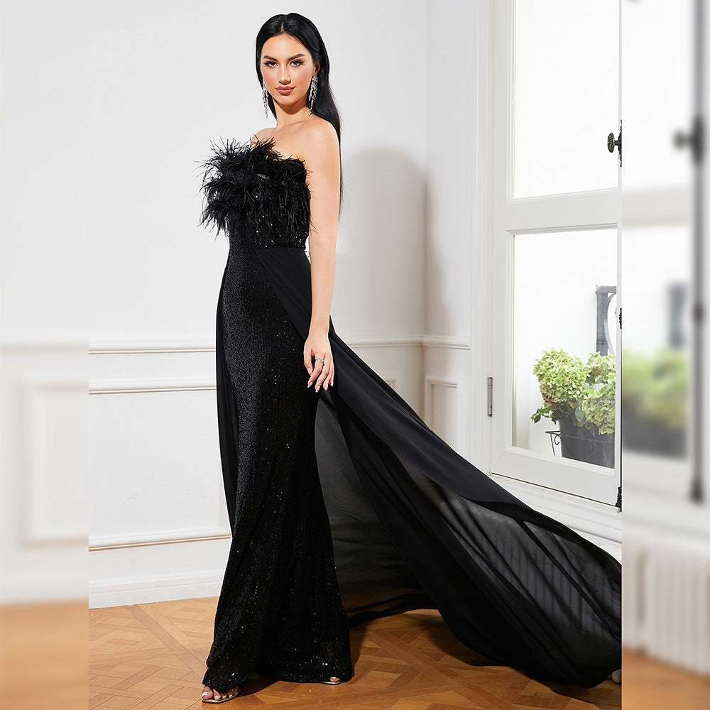 European And American Temperament Long Sequined Sleeveless Wrapped Chest Backless Banquet Evening Dress