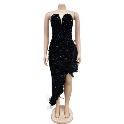 Fashion Women's Wear Pure Color Tube-top Sequined Feather Dress