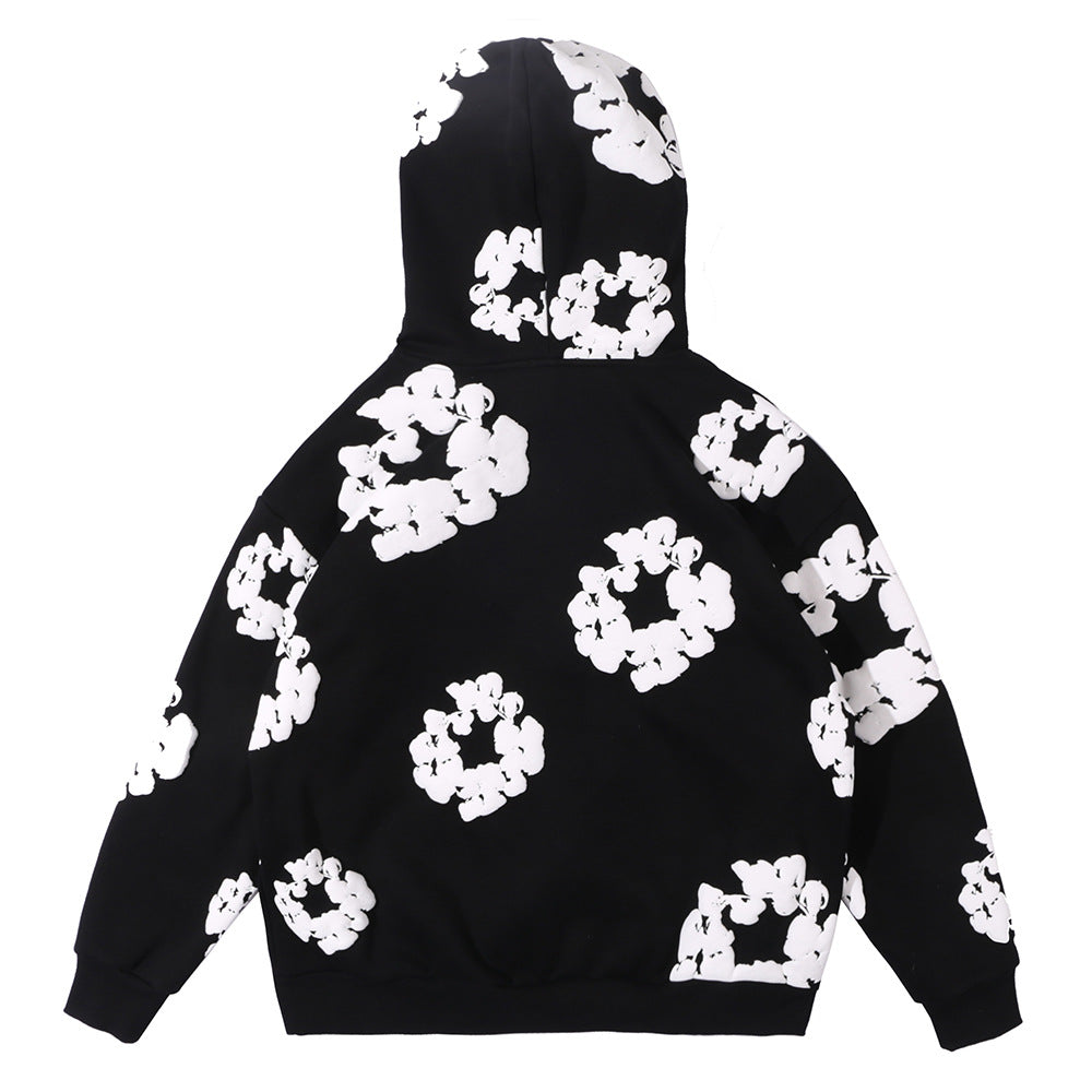 Men's Floral Pattern Plush Hooded Sweater