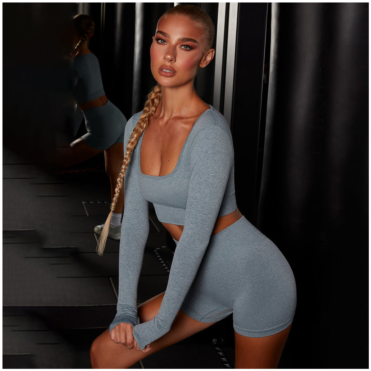 Knitted Classic Flat Collar Long Sleeve Yoga Suit