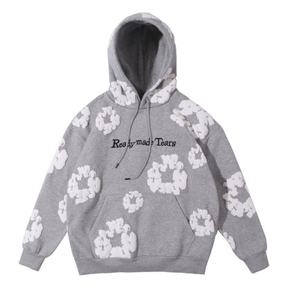 Men's Floral Pattern Plush Hooded Sweater
