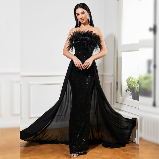 European And American Temperament Long Sequined Sleeveless Wrapped Chest Backless Banquet Evening Dress