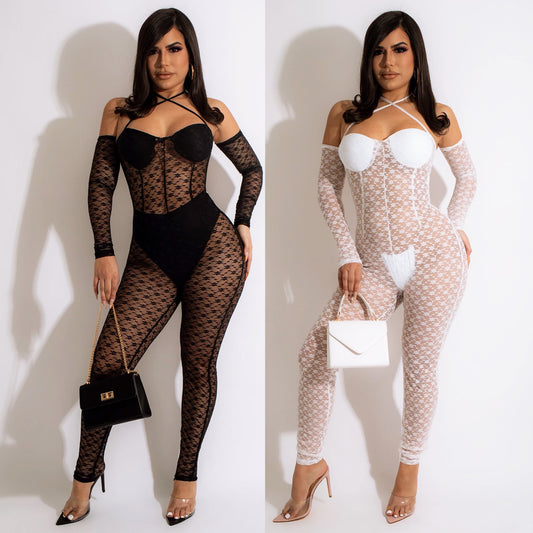 Lace See-through Women's Three-piece Jumpsuit