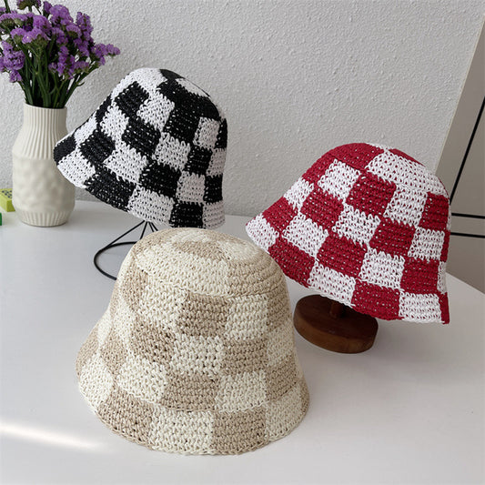 Checkerboard Plaid Coarse Wool Knitted Fisherman Hat Handmade For Women