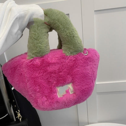 Handbag With Contrasting Color Imitation Rabbit Hair Plush