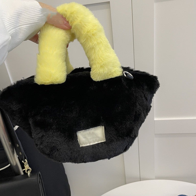 Handbag With Contrasting Color Imitation Rabbit Hair Plush